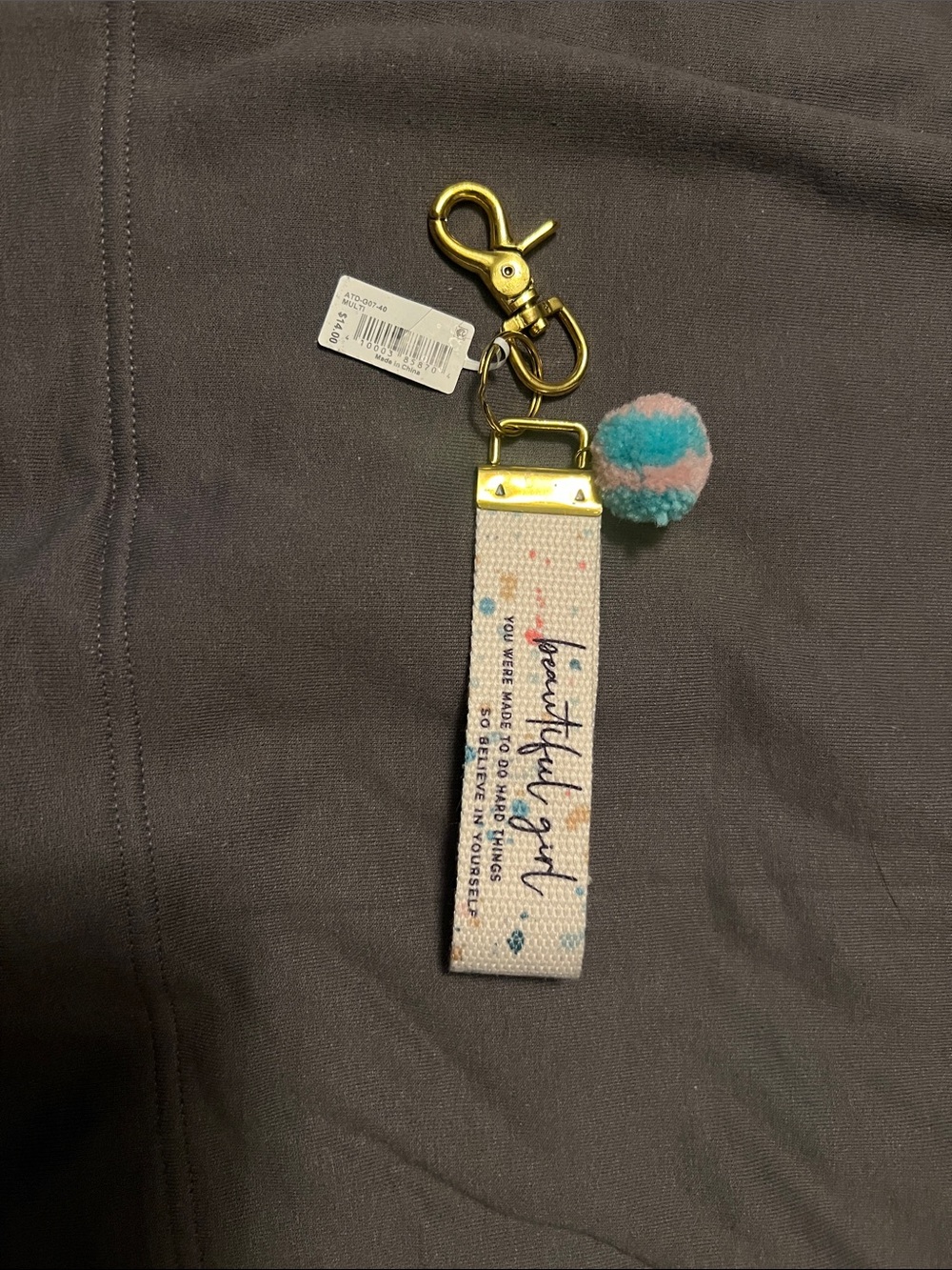 Altar'd State Cream Canvas Wristlet Keychain with Pink & Blue Pom